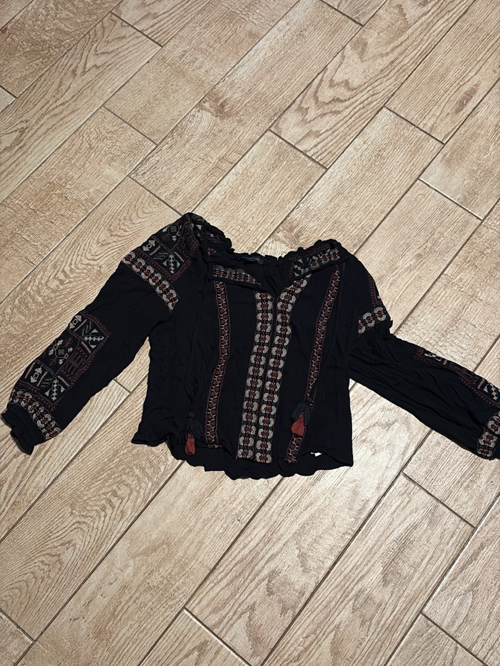 Black Embroidered Boho Peasant Tunic Top